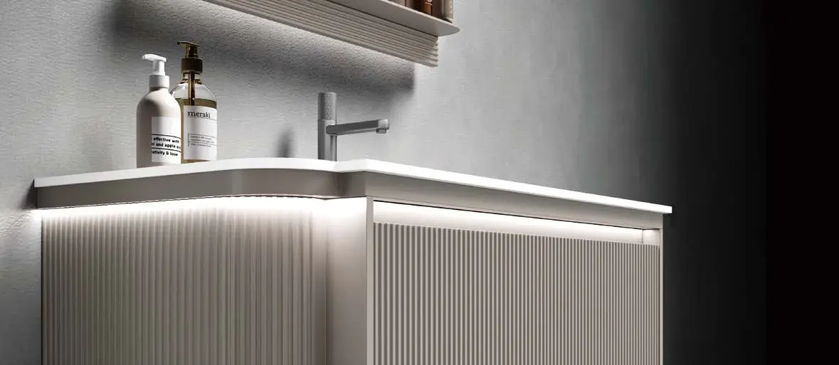 Material, lighting and suspended design: Illuminated fluted vanity edge