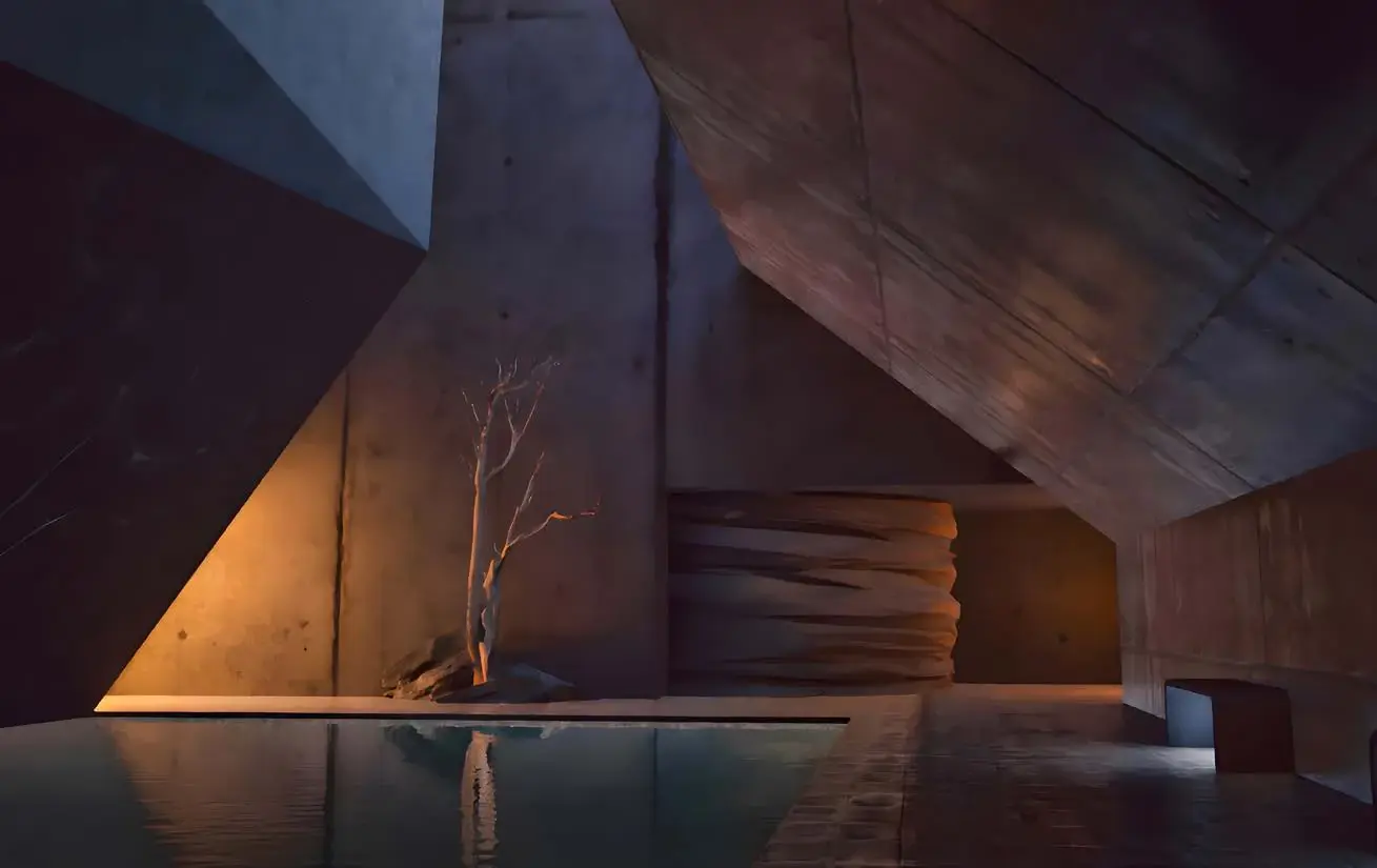Material, lighting and suspended design: Architectural material composition