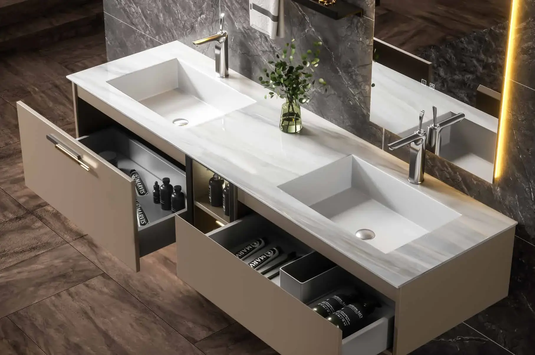 Statement bathroom vanity suites: Double-basin statement vanity