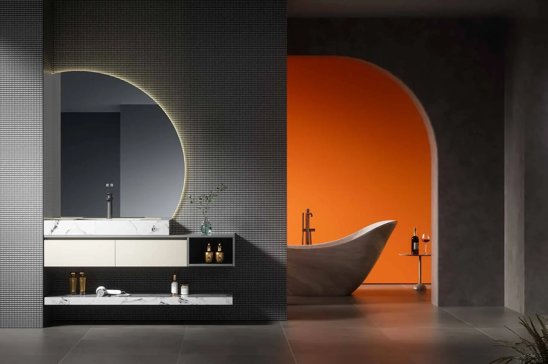 Statement bathroom vanity suites: Dark architectural bathroom suite