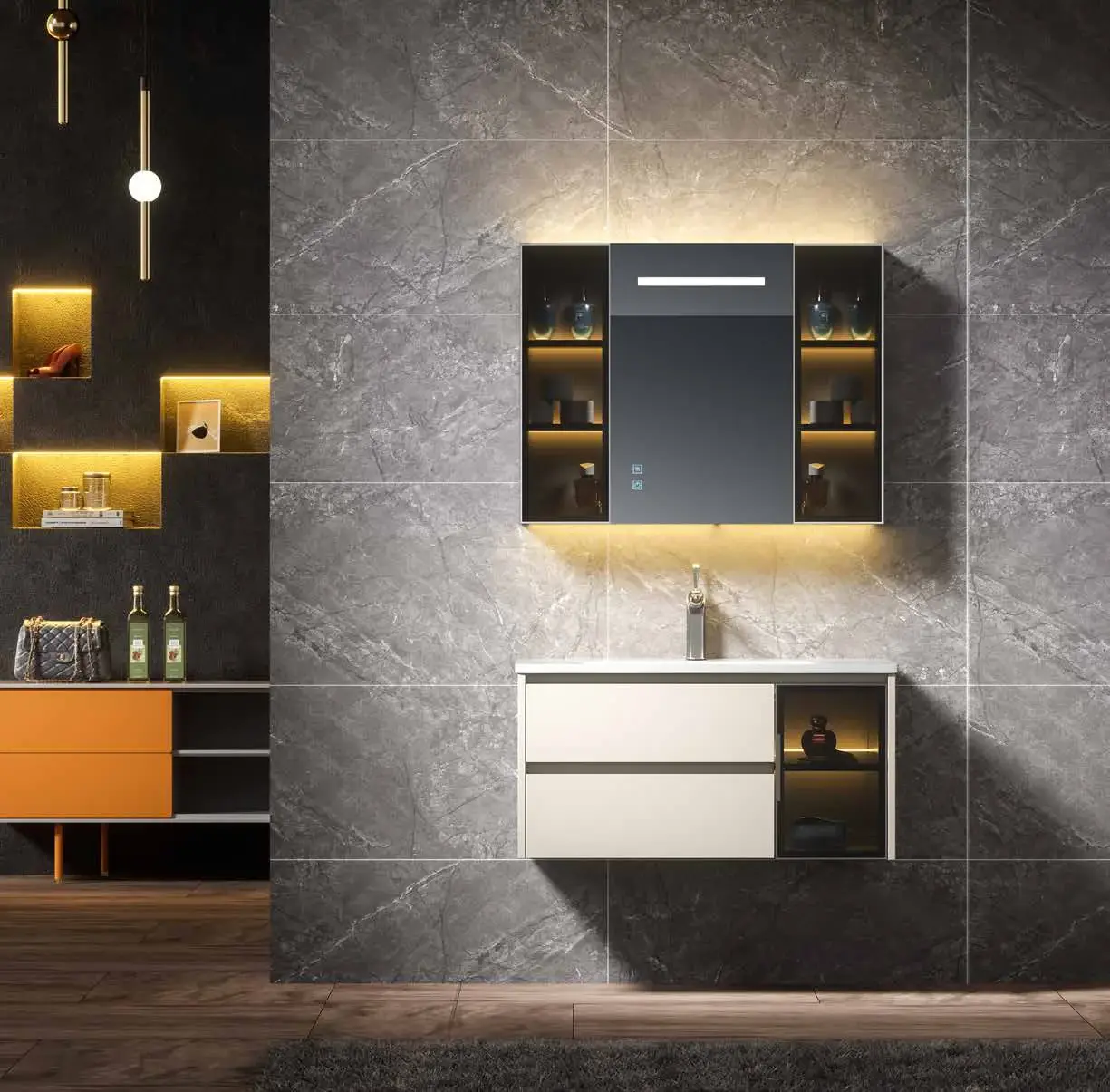Coordinated vanity & mirror-cabinet suites: Coordinated vanity and mirror cabinet