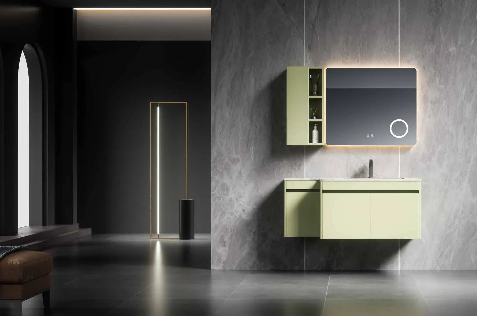 Coordinated vanity & mirror-cabinet suites: Vanity with offset storage