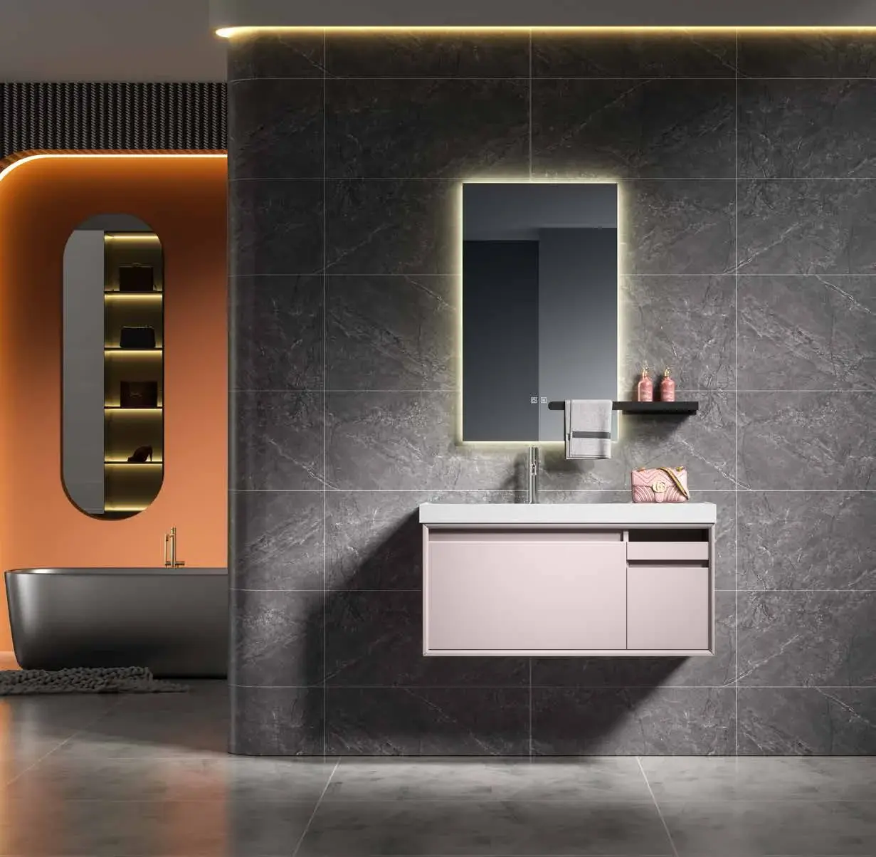 Coordinated vanity & mirror-cabinet suites: Compact suite with side cabinet
