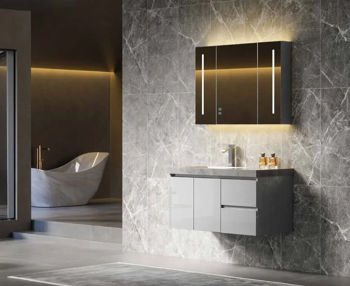 Coordinated vanity & mirror-cabinet suites: High-capacity mirror storage