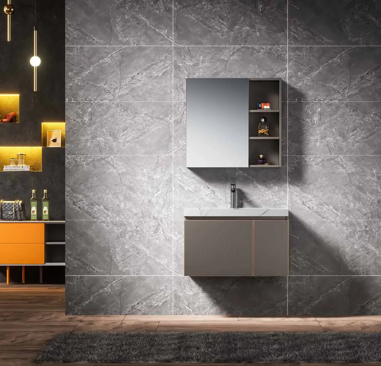 Compact modular bathroom suites: Modular vanity and mirror cabinet