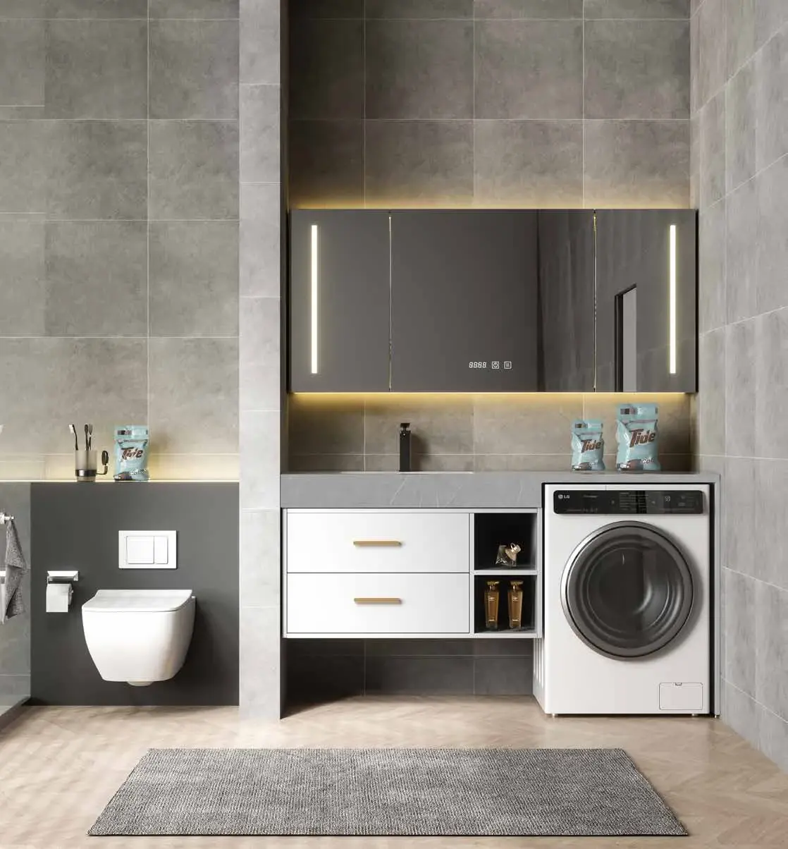Bathroom & laundry combination walls: Integrated bathroom storage wall