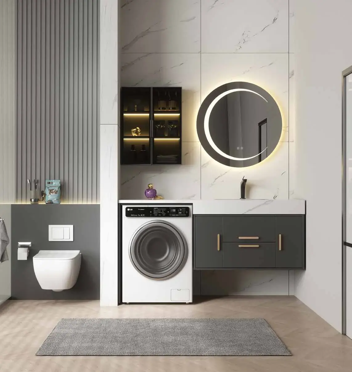 Bathroom & laundry combination walls: Vanity, mirror and appliance suite