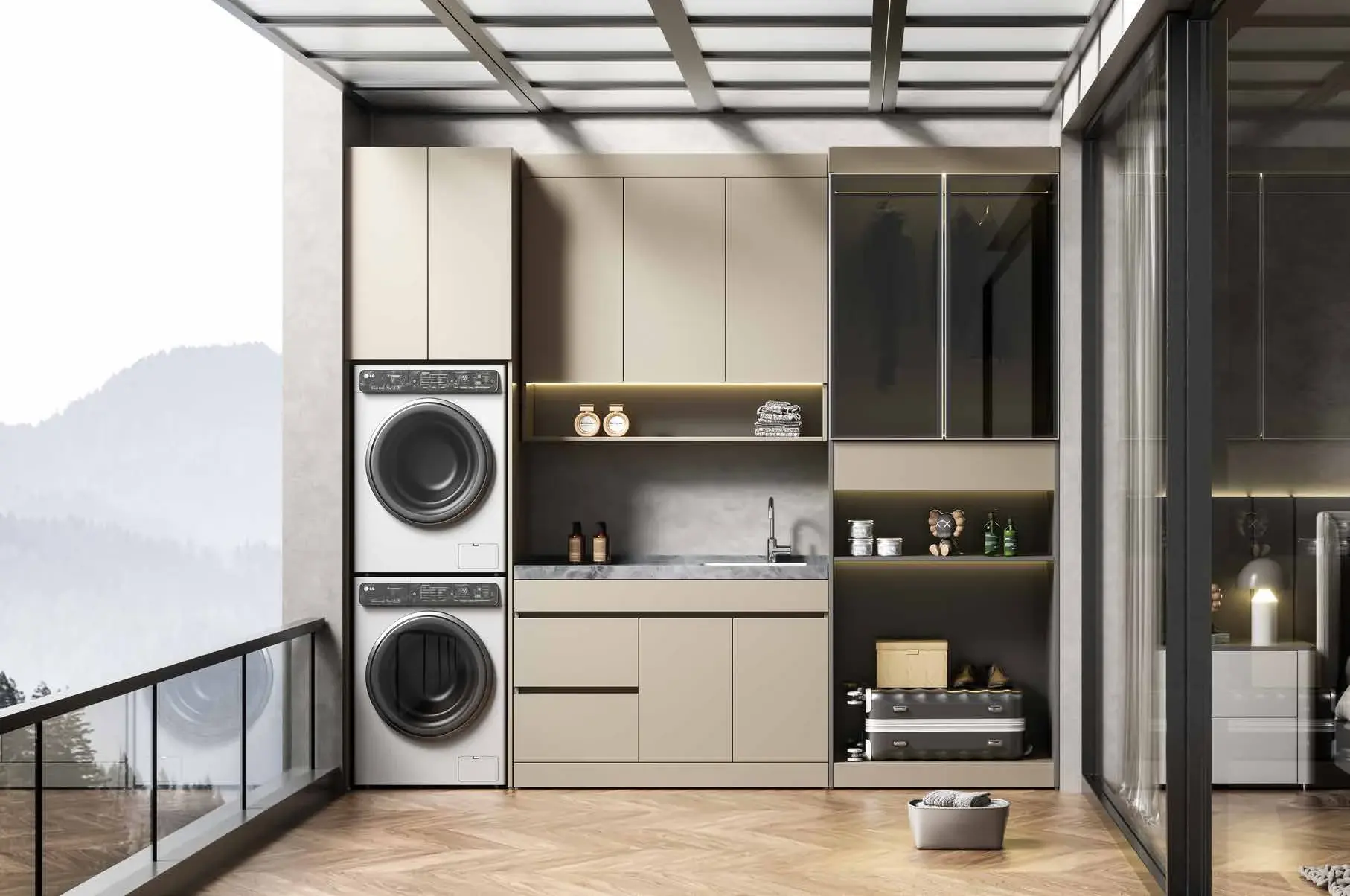 Balcony laundry cabinet systems: Laundry wall with integrated storage