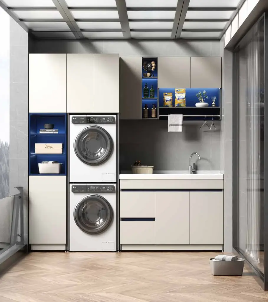 Balcony laundry cabinet systems: Washer, sink and wall-cabinet layout