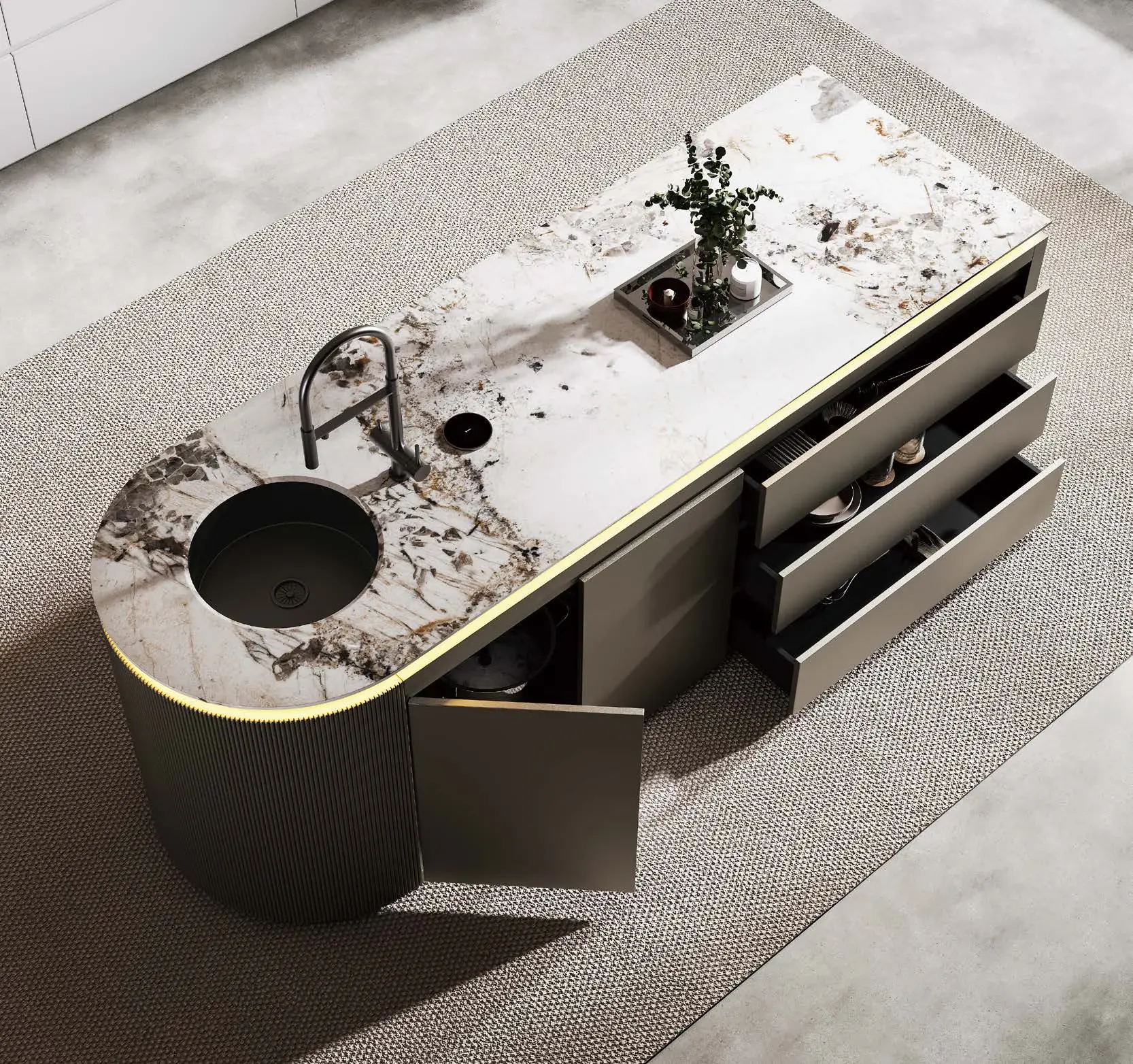 Statement 2400 mm islands: Open-drawer stone-top island