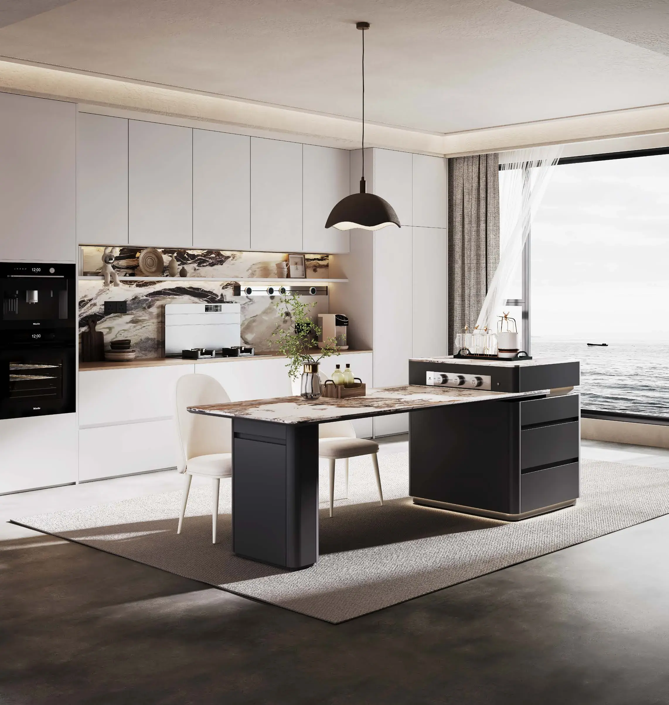 Extendable dining islands: Dark storage and dining island