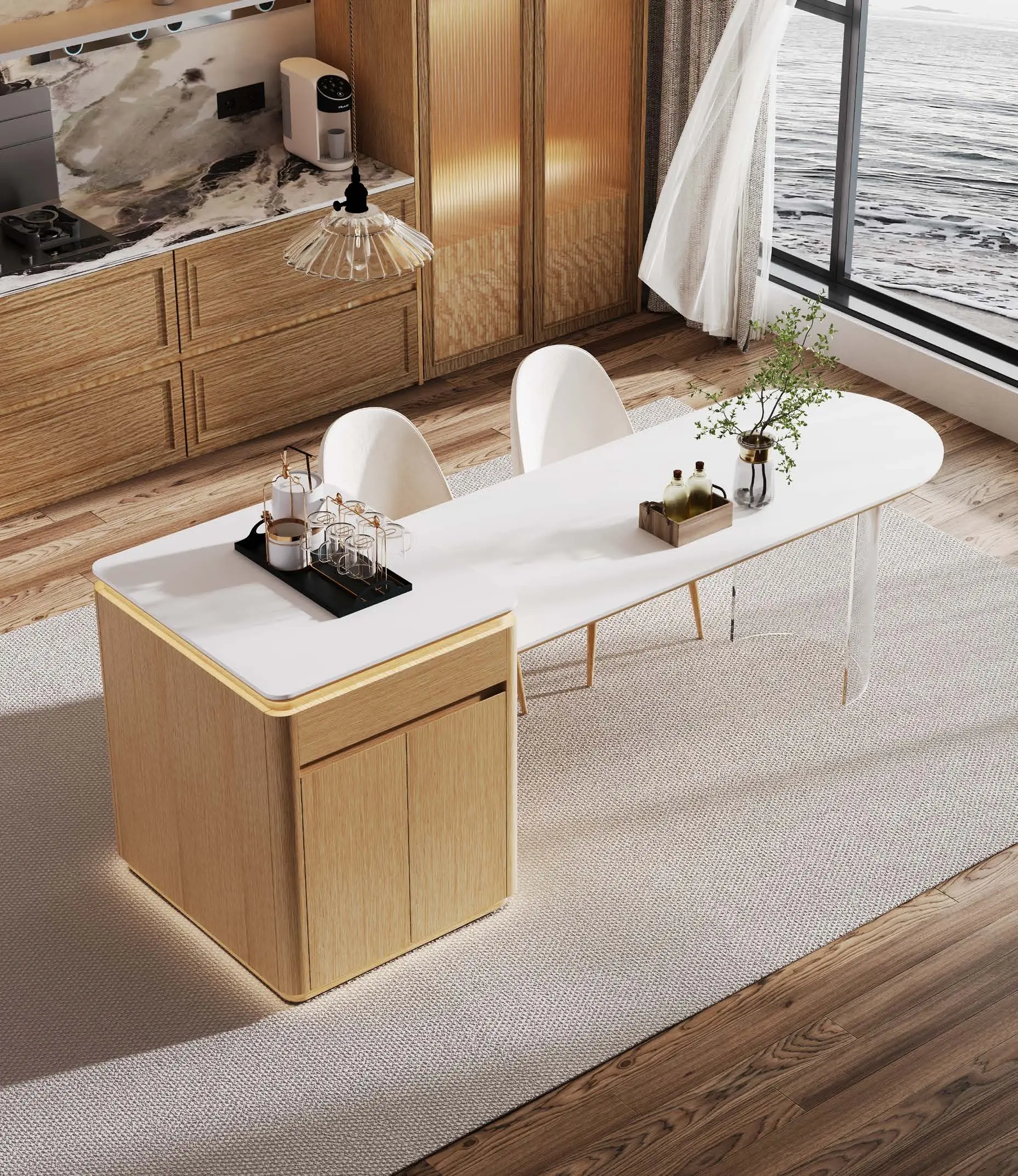 Extendable dining islands: Warm timber extendable island