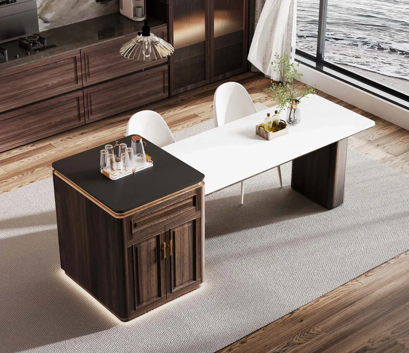 Extendable dining islands: Extended dining composition