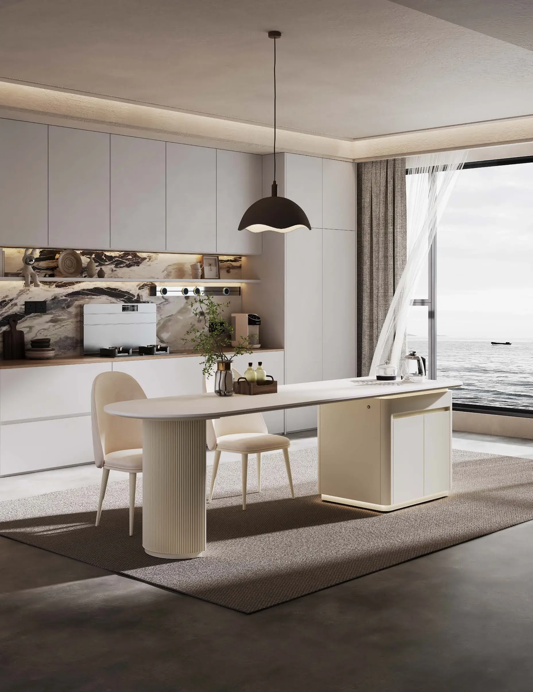 Table-height integrations: White rounded dining integration