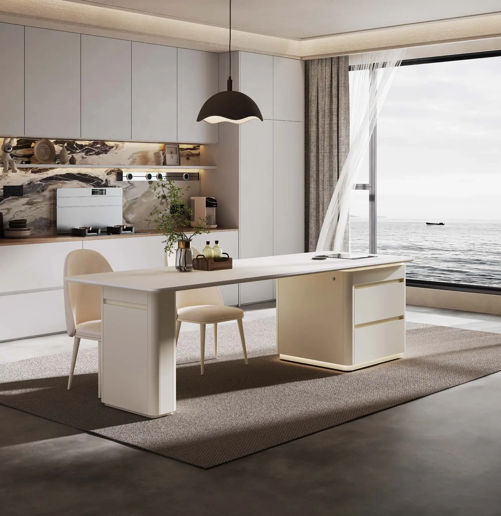 Table-height integrations: Compact table-height island