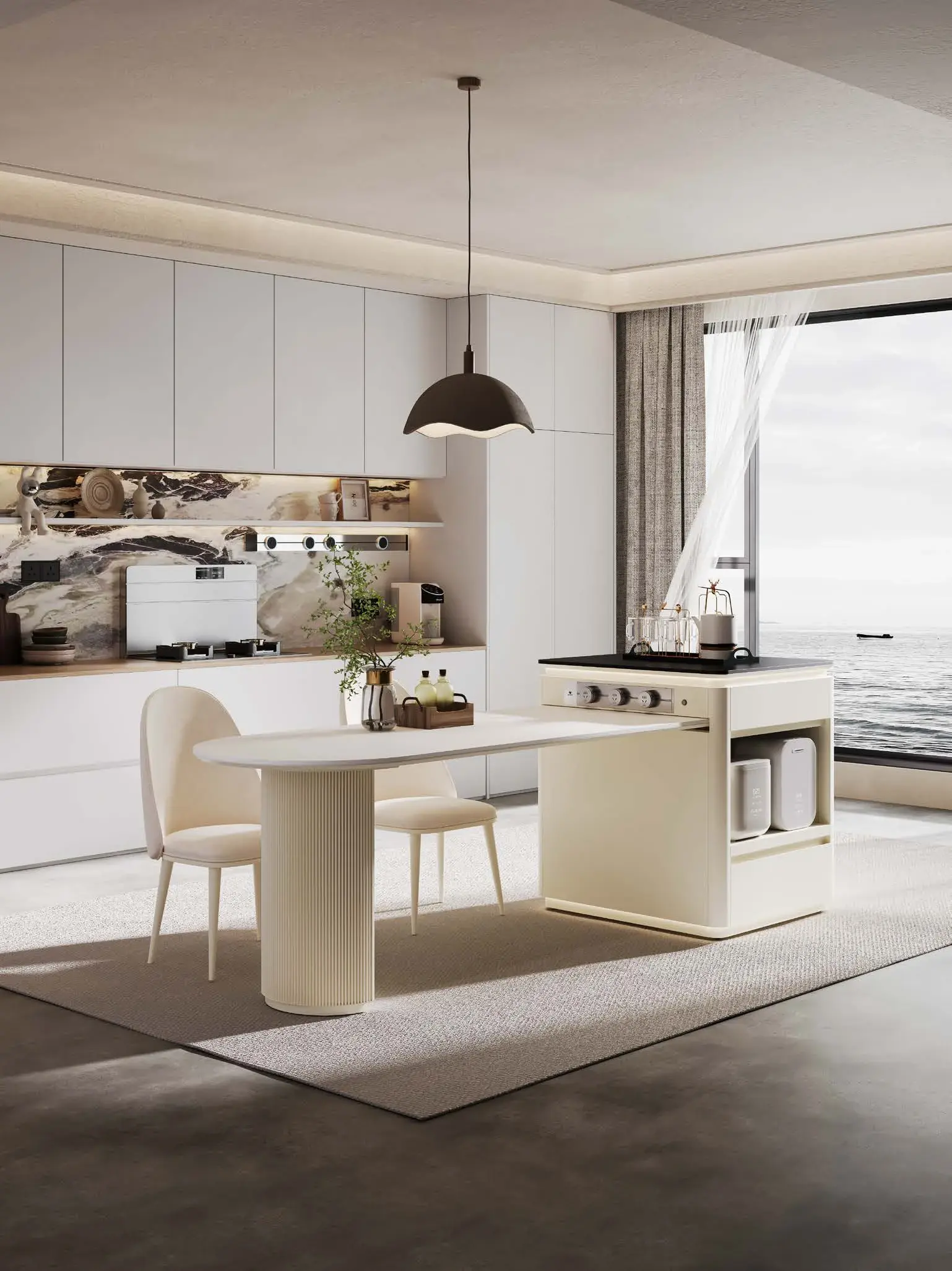 Table-height integrations: Connected island and dining table