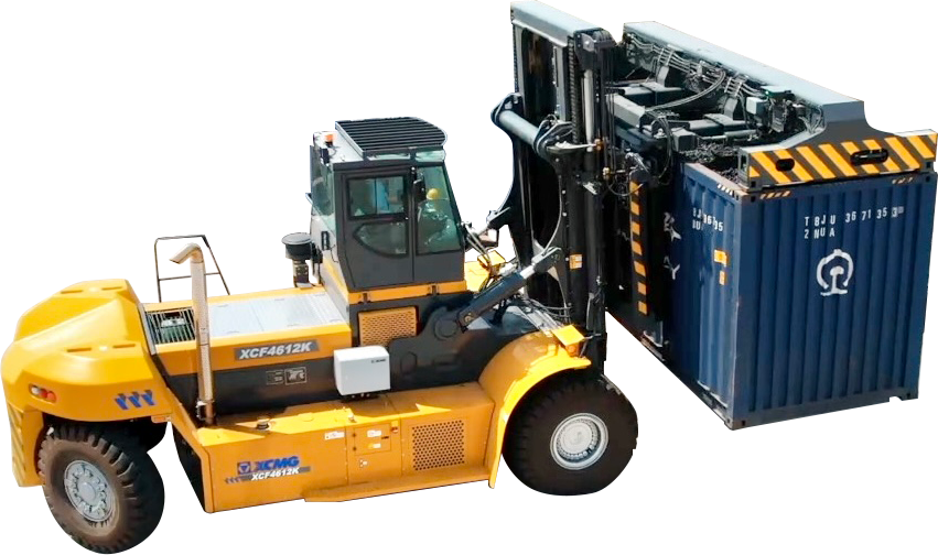 Container reach stackers: Reach stacker handling a container