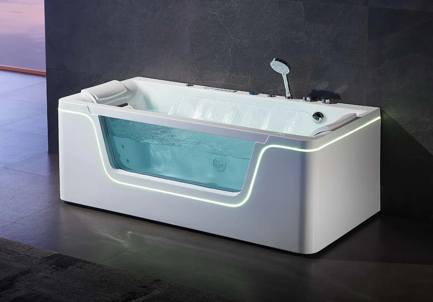 Glass-apron feature baths: Wide glass-apron hydrotherapy bath