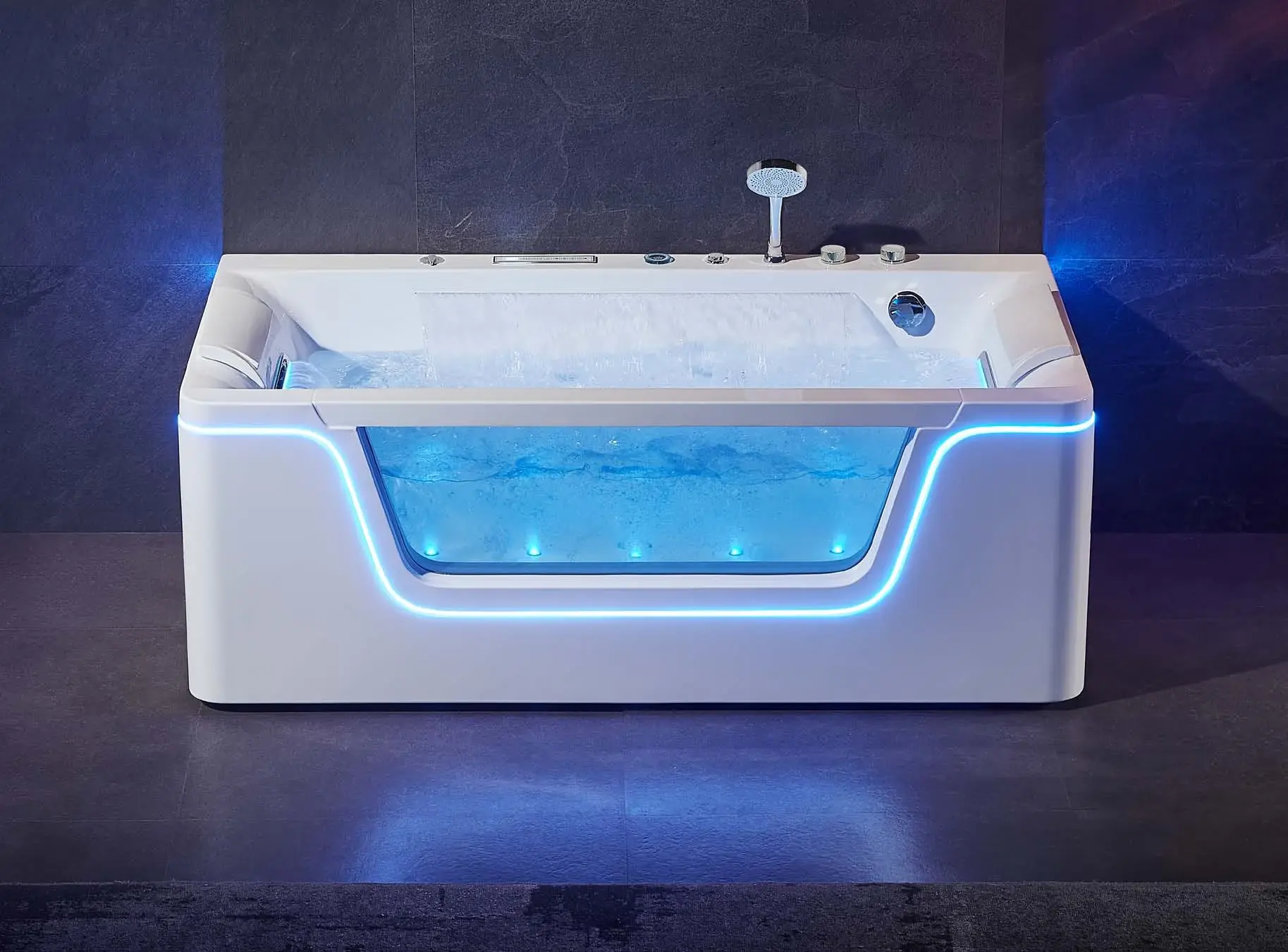 Illuminated rectangular whirlpool baths: Integrated window-front whirlpool