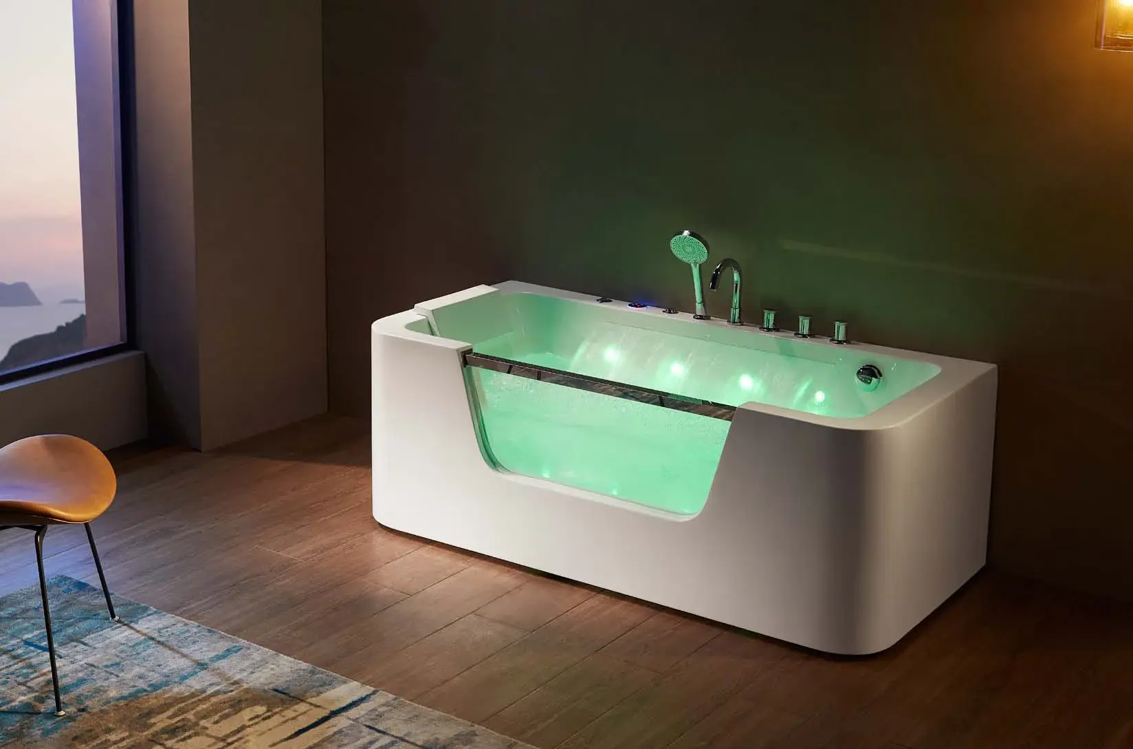 Glass-apron feature baths: Angled glass-apron bath
