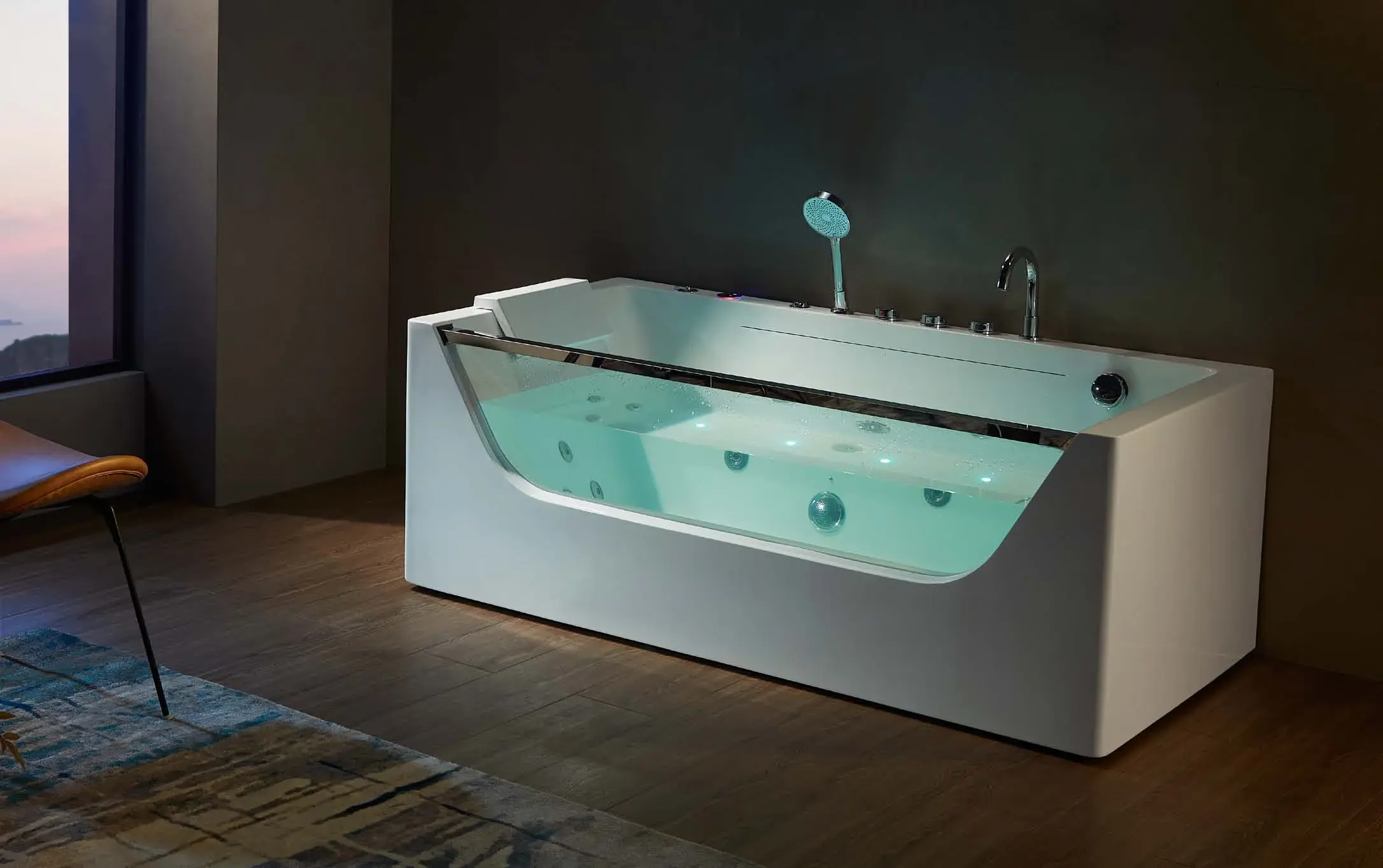 Glass-apron feature baths: Full-width illuminated glass apron