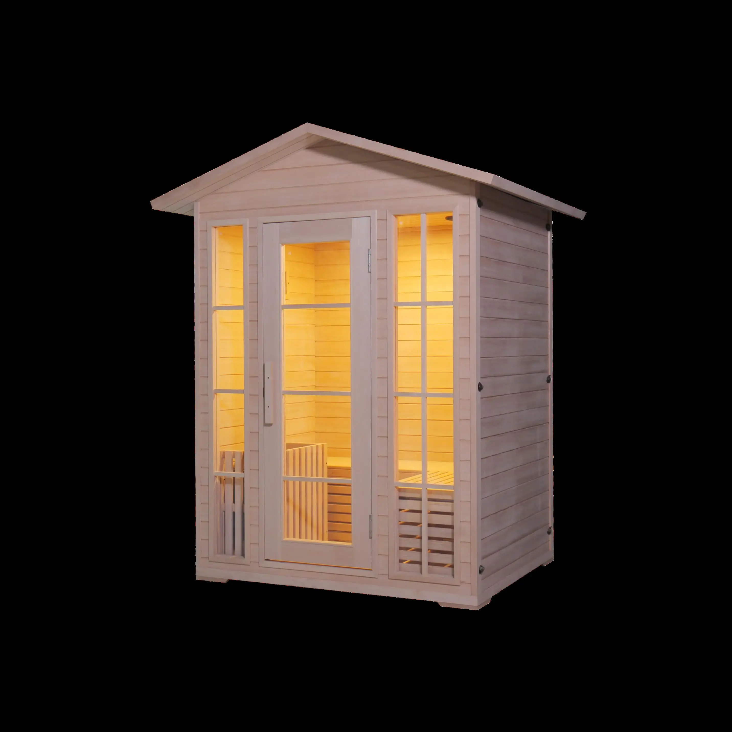 Compact inclined-roof cabins: Natural timber glazed cabin