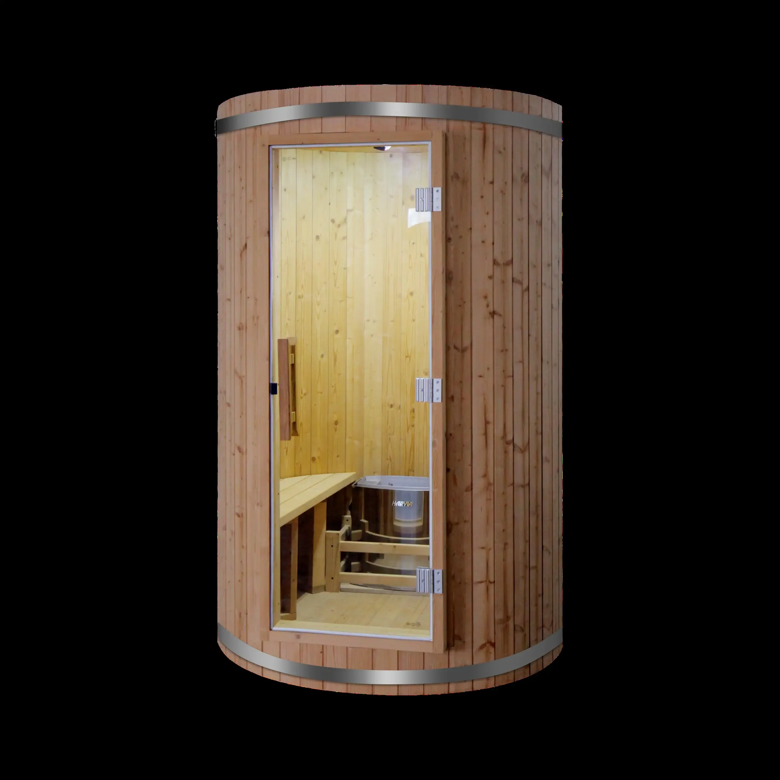Oval and square-barrel rooms: Cylindrical glazed sauna room