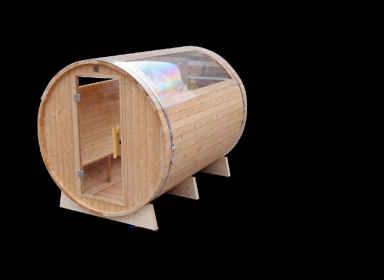 Traditional and extended barrel rooms: Compact glass-roof barrel sauna