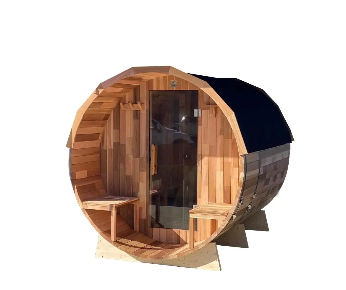 Panoramic glass retreats: Panoramic black-glass barrel sauna
