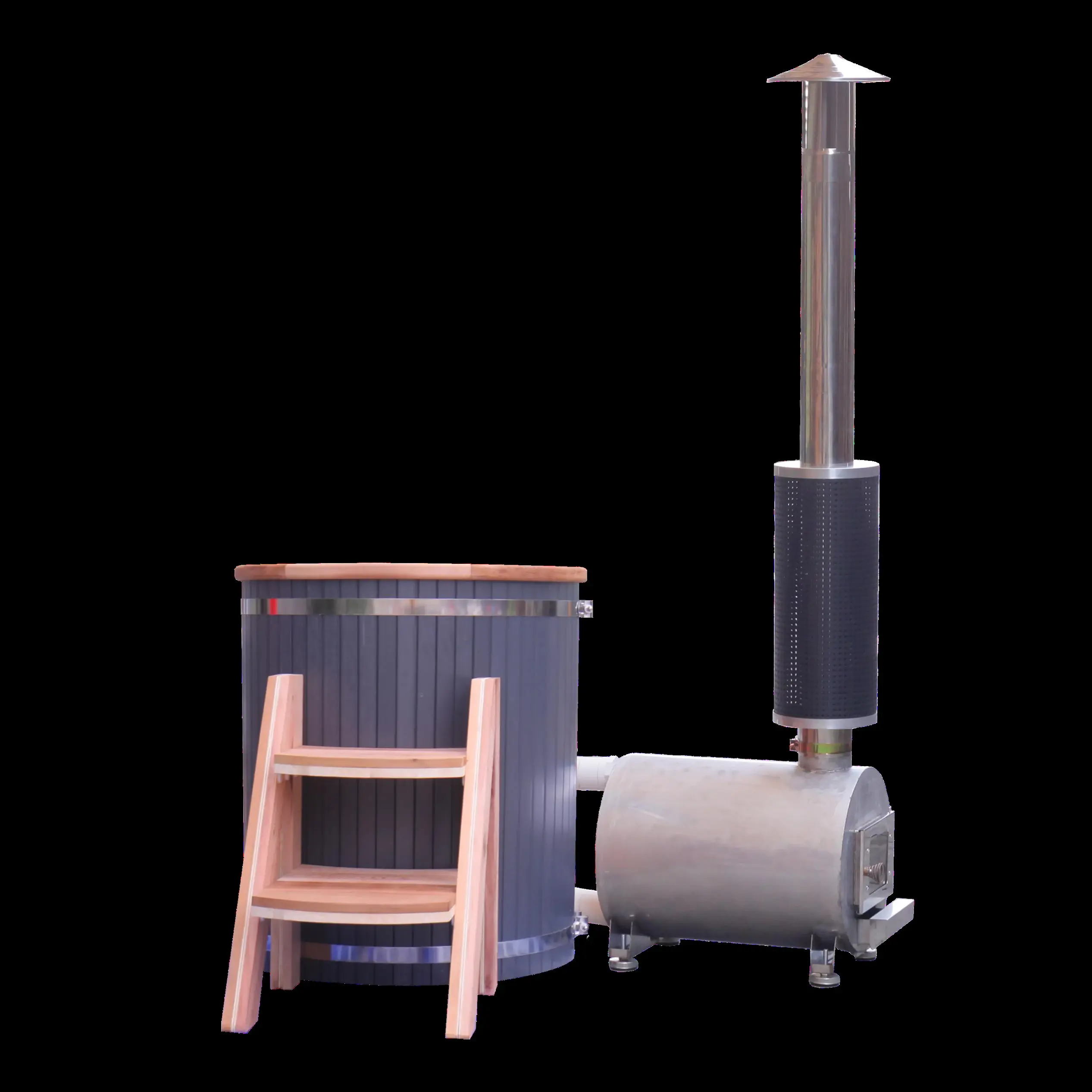 Wood-fired soaking tubs: Compact tub and heater set