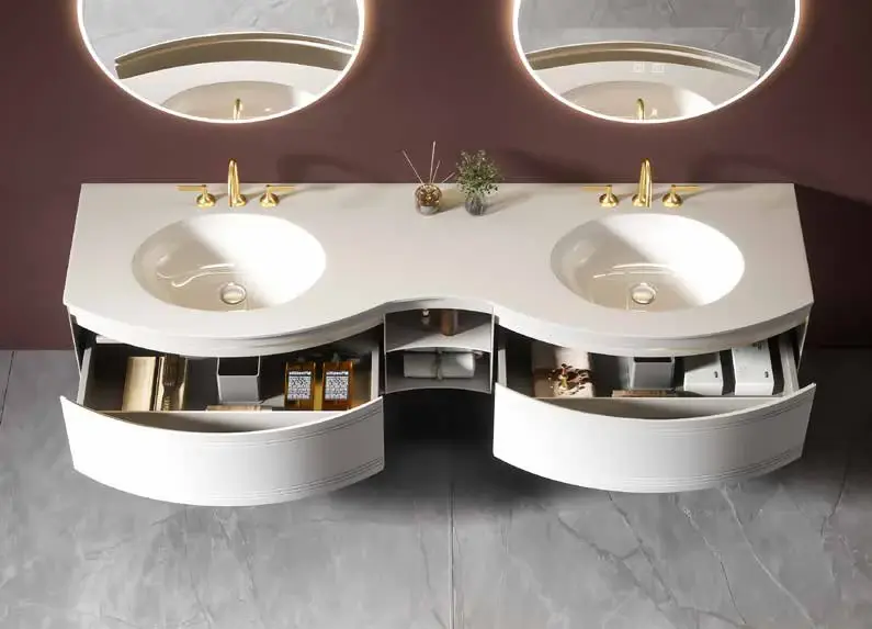 Statement double-basin suites: Curved open-storage double vanity