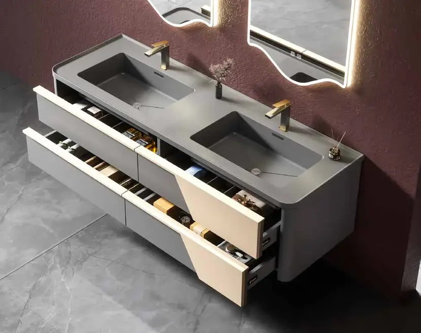 Statement double-basin suites: Open-drawer statement vanity