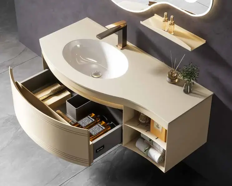Premium mid-size vanity suites: Rounded vanity with organized storage