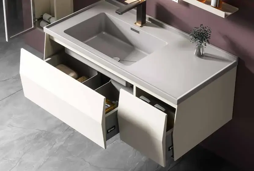 Premium mid-size vanity suites: Integrated basin and drawer detail