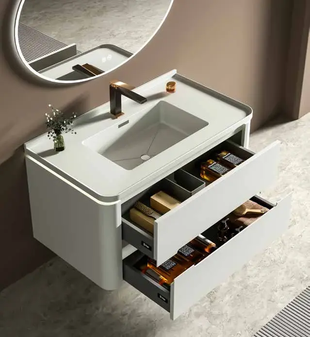 Premium mid-size vanity suites: Compact sculptural vanity detail