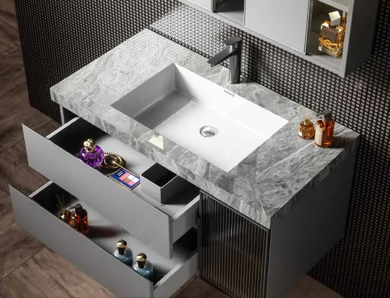 Compact illuminated storage suites: Stone-look compact vanity