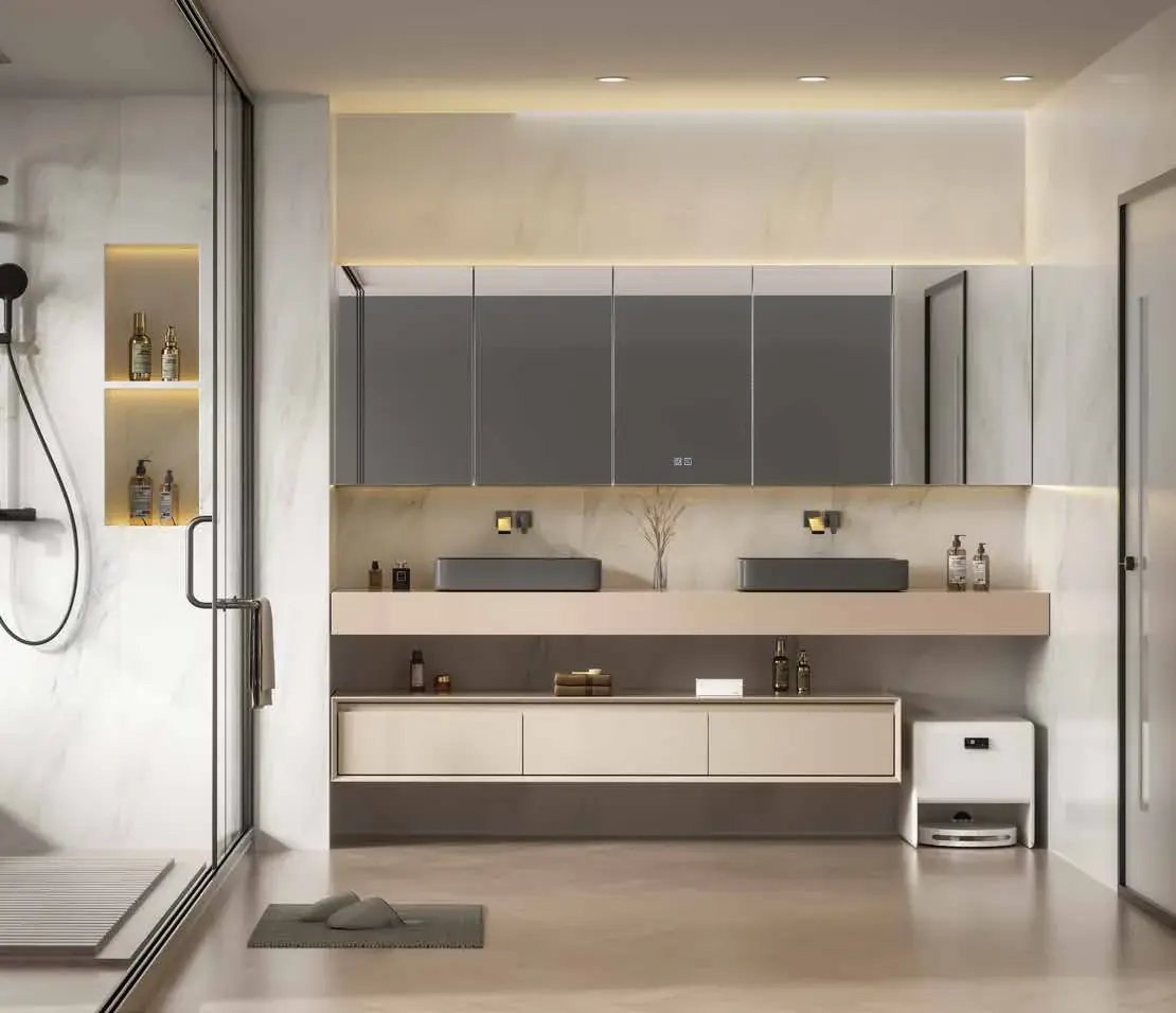 Whole-room bathroom compositions: Wide double-basin bathroom wall