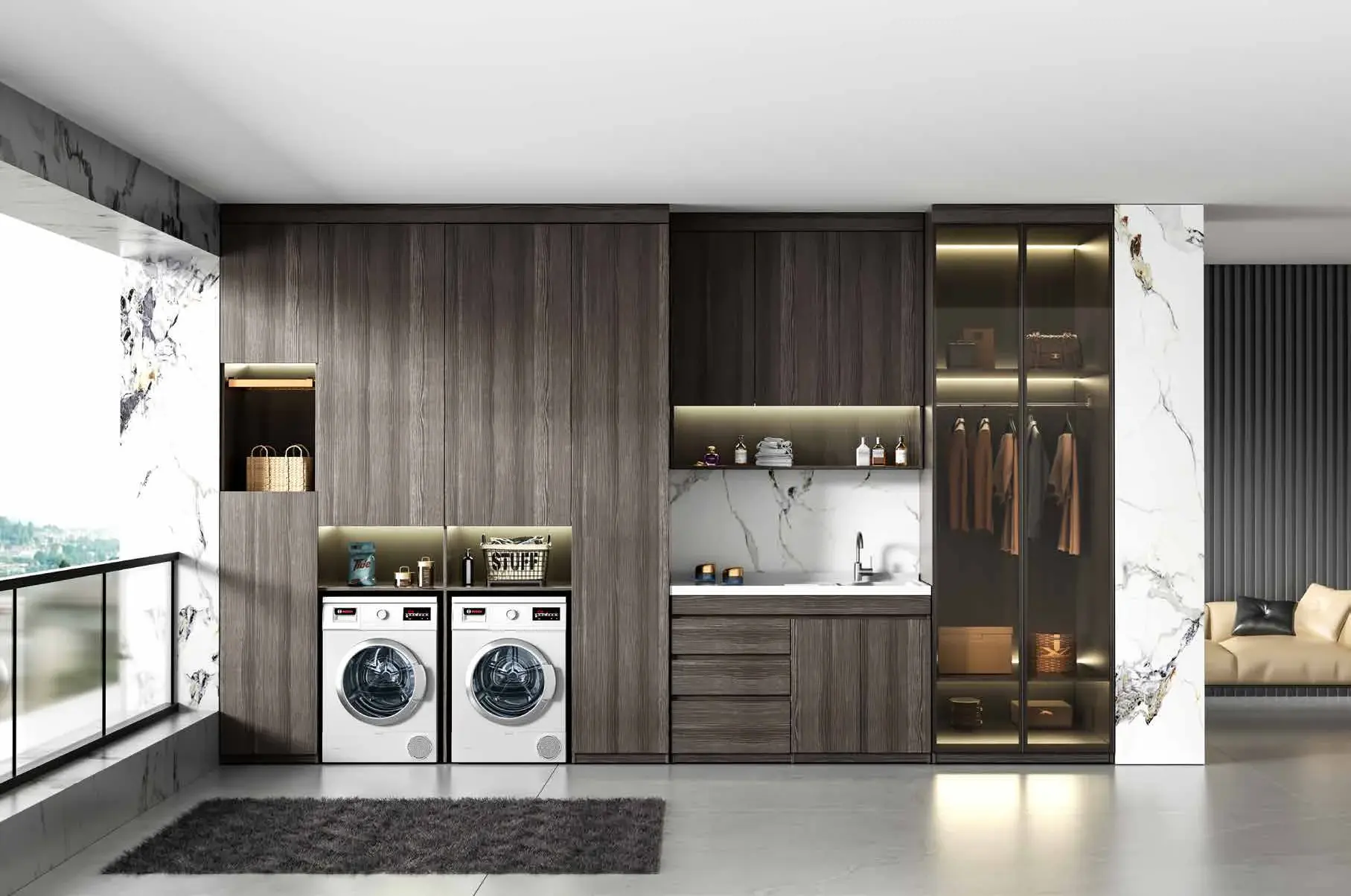 Balcony and laundry walls: Full-width balcony laundry wall