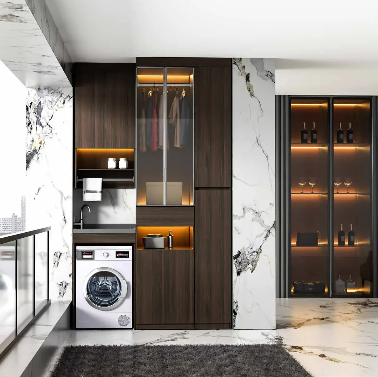 Balcony and laundry walls: Appliance and wardrobe laundry wall