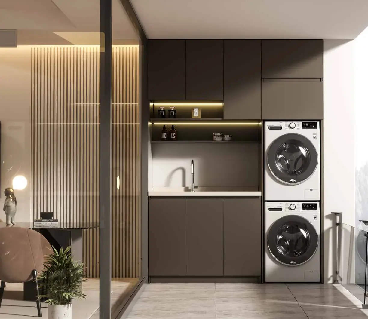 Balcony and laundry walls: Warm stacked-appliance laundry wall