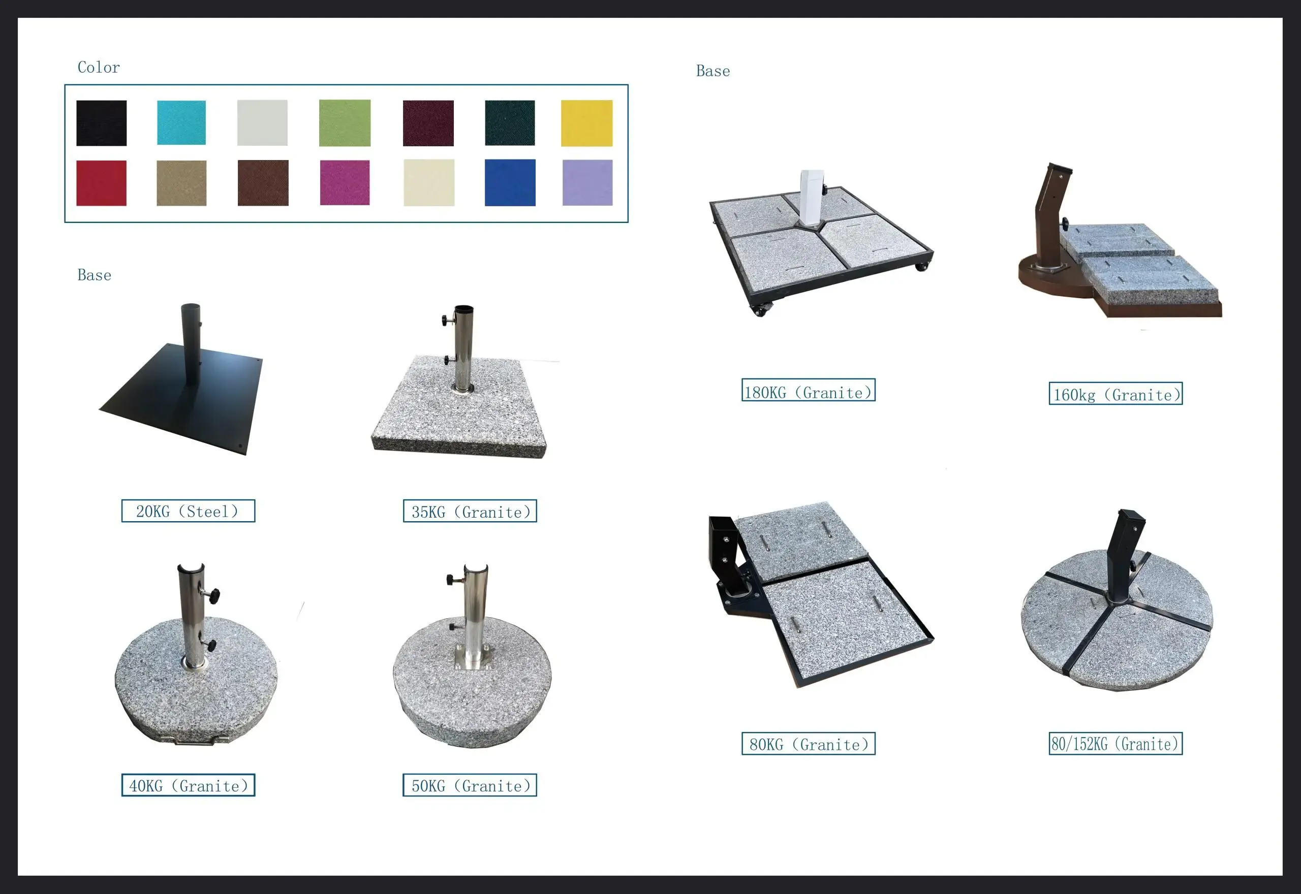 Square center-post umbrellas: Canopy colors and base program
